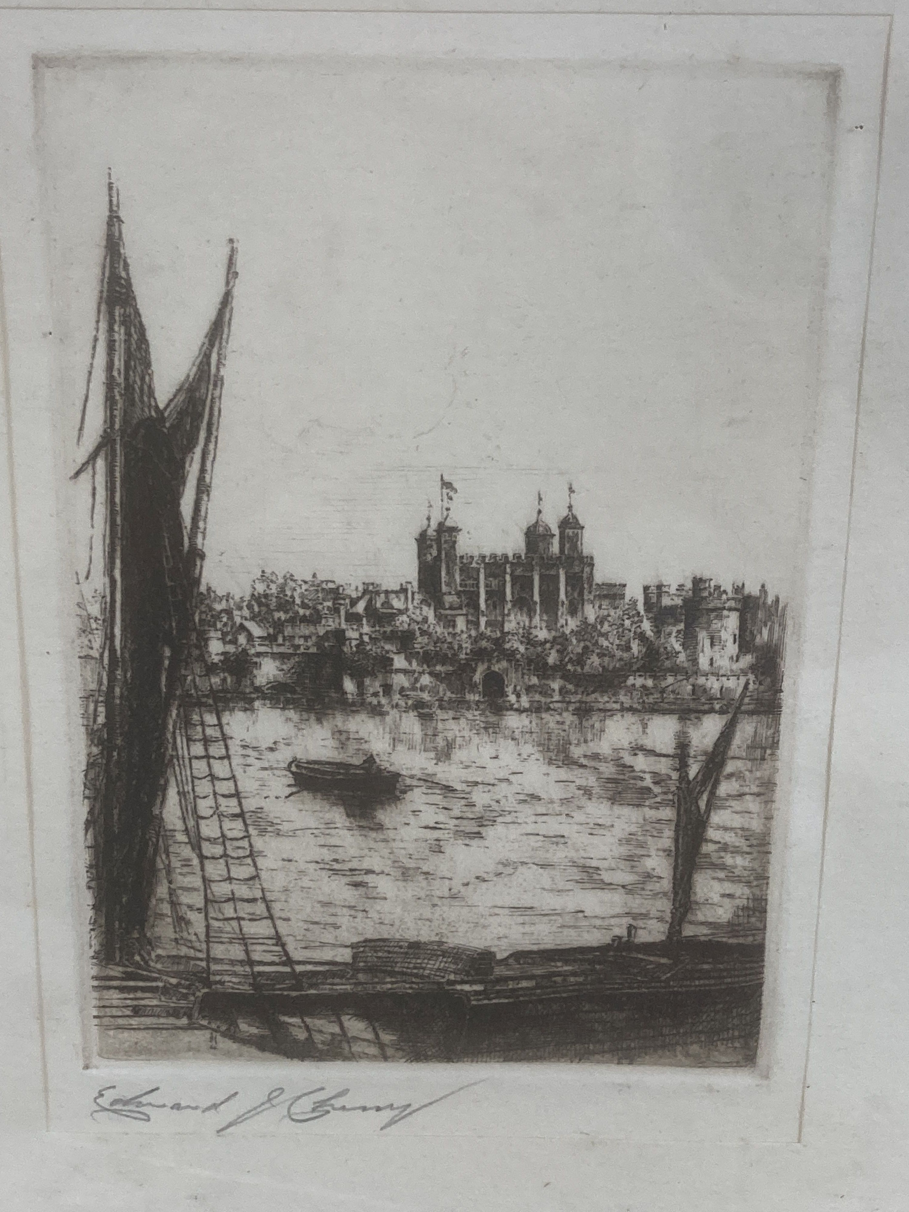 Edward J. Cherry, etching, Tower of London, 14 x 10cm, and another etching, Fleets Inn by Sutton Wood, 23 x 18cm